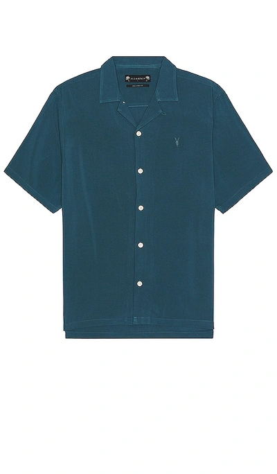 Allsaints Venice Camp Collar Ramskull Shirt In Jade Blue
