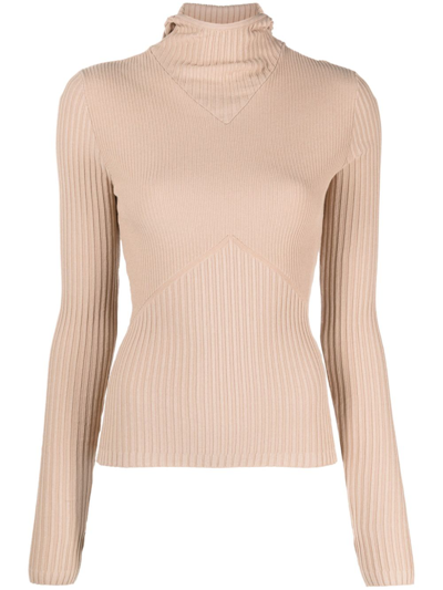 Andreädamo Hooded Ribbed-knit Top In Neutrals