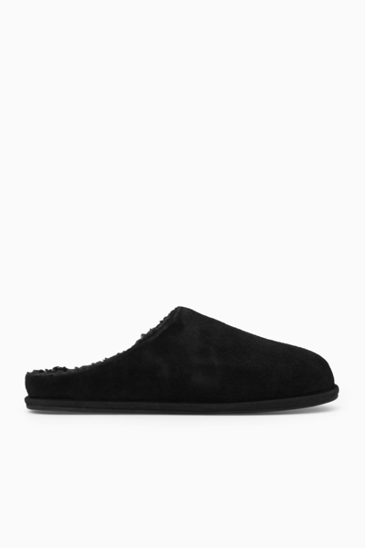 Cos Fleece-lined Suede Slippers In Black