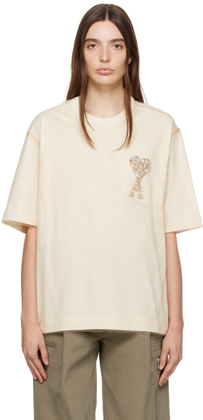 Ami Alexandre Mattiussi Jersey And Tulle T-shirt With Rhinestone-studded Logo In Ivory