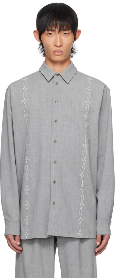Soulland Embroidered-design Long-sleeve Shirt In Grey