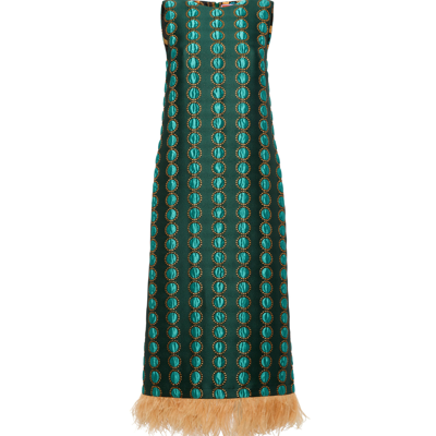 La Doublej Jacquard Column Dress With Feather Trim In Winter_sun_emerald