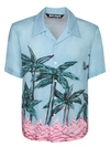 PALM ANGELS LIGHT BLUE SHORT SLEEVE SHIRT WITH ALL-OVER GRAPHIC PRINT