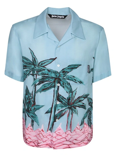 Palm Angels Light Blue Short Sleeve Shirt With All-over Graphic Print