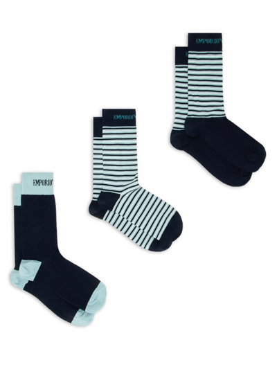 Emporio Armani Men's 3-pack Striped Socks In Artic Marine Stripe