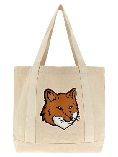 Maison Kitsuné Fox Head Printed Large Tote Bag In Beige