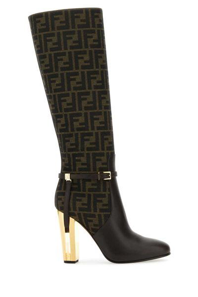 Fendi Women's Ff 105mm Leather Traced Heel Tall Boots In Tabacco