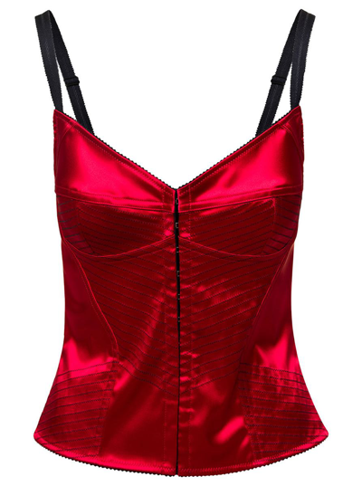 Dolce & Gabbana Satin Corset With Top-stitching And Hook-and-eye Fastenings In Red