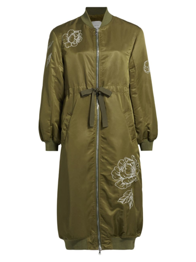 Cinq À Sept Pauline Peony Embroidered Long Bomber Coat In Olive