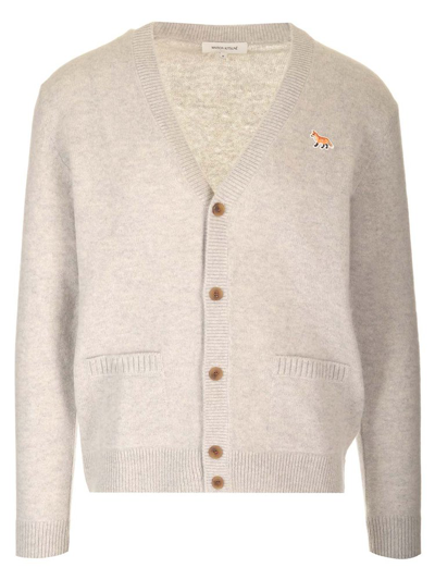 Maison Kitsuné Fox Patch Knitted Cardigan In Grey