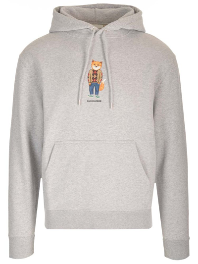 Maison Kitsuné Fox Printed Drawstring Hoodie In Grey