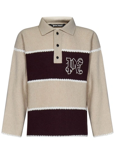 Palm Angels Embroidered-monogram Knit Polo Shirt In Neutrals