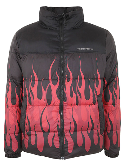 VISION OF SUPER BLACK PUFFY JACKET WITH RED FLAMES