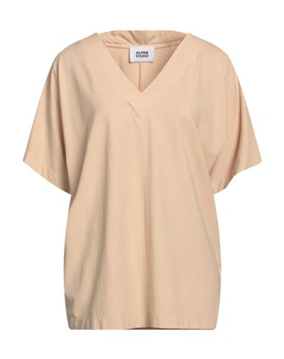 Alpha Studio Woman T-shirt Beige Size 8 Cotton, Elastane