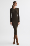 REISS ASHLEY - KHAKI RIBBED BODYCON MIDI DRESS, XS