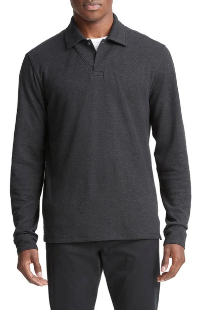 Vince Cotton Blend Double Face Regular Fit Long Sleeve Polo Shirt In Charcoal