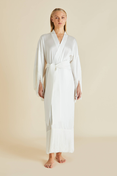 Olivia Von Halle Amina Ivory Fringed Silk Satin Dressing Gown