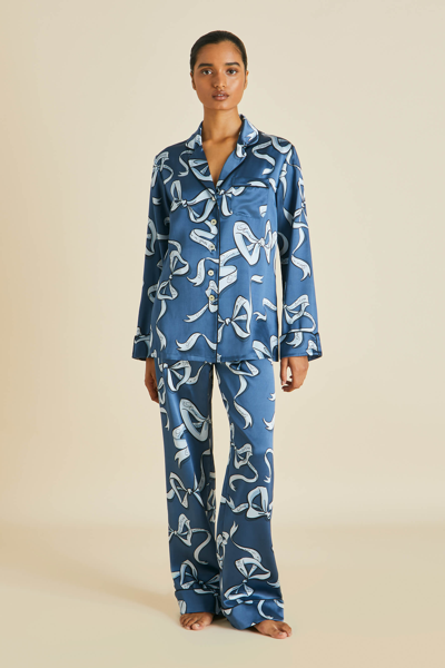 Olivia Von Halle Lila Arran Blue Bow Silk Satin Pyjamas