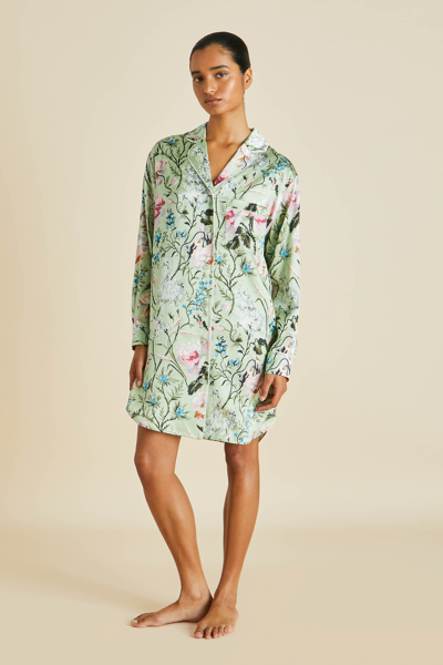 Olivia Von Halle Poppy Effie Green Floral Silk Satin Nightshirt