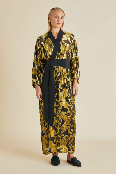Olivia Von Halle Queenie Noble Gold Lion Velvet Lurex Dressing Gown
