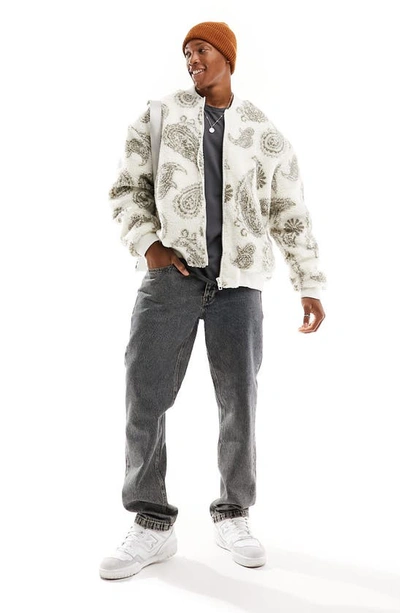 Asos Design Oversized Paisley Borg Bomber Jacket In Ecru-neutral