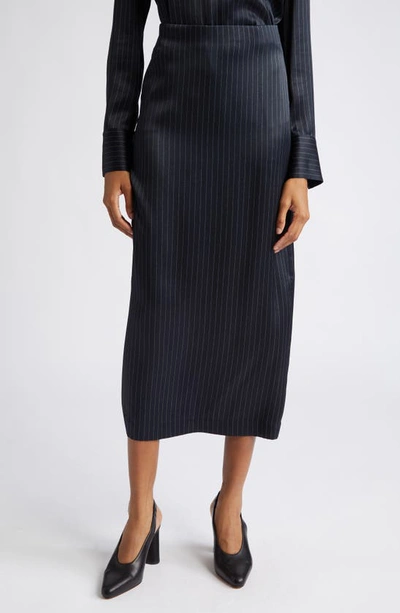 Vince Slim Midi Pinstripe Pencil Skirt In Dark Obsidian