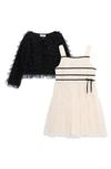 Peek Aren't You Curious Kids' Stripe Mesh Dress & Ruffle Cardigan Set In Cream