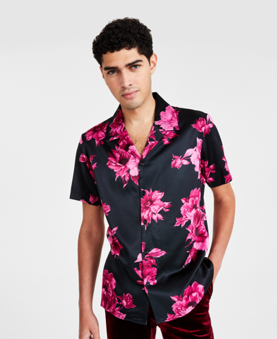 Inc International Concepts Men's Bouquet Short Sleeve Button-front Camp Shirt, Created For Macy's In Deep Black
