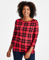 STYLE & CO WOMEN'S PLAID 3/4-SLEEVE PIMA COTTON KNIT TOP, REGULAR & PETITE, CREATED FOR MACY'S