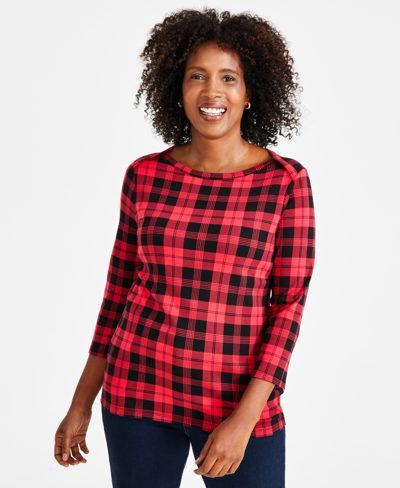 Style & Co Women's Plaid 3/4-sleeve Pima Cotton Knit Top, Regular & Petite, Created For Macy's In Red Plaid