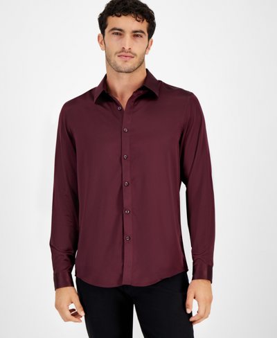Inc International Concepts Men's Long Sleeve Button-front Satin Shirt, Created For Macy's In Vintage Wine