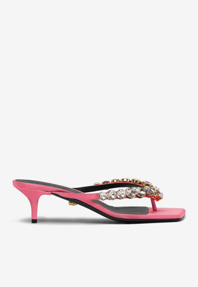 Versace 50 Crystal-embellished Satin Mules In Fuchsia