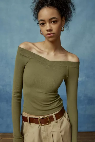 Bdg Shannen Off-the-shoulder Long Sleeve Tee In Olive, Women's At Urban Outfitters
