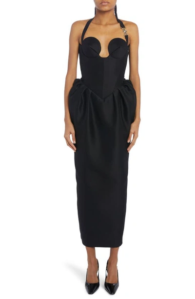 Versace Cone Bust Enver Satin Midi Dress In Black