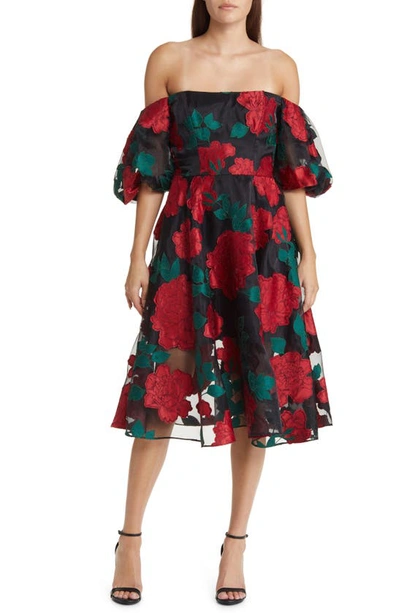 Marchesa Notte Off-shoulder Floral Applique Midi Dress In Black