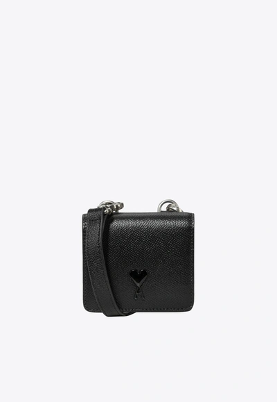 Ami Alexandre Mattiussi Ami De Coeur Grained Leather Cardholder With Strap In Black