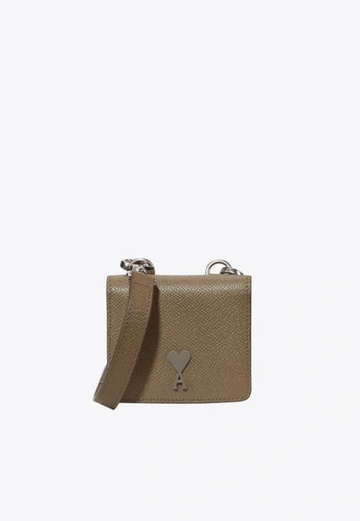 Ami Alexandre Mattiussi Ami De Coeur Grained Leather Cardholder With Strap In Taupe