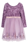 Zunie Kids' Long Sleeve Crushed Velvet & Mesh Party Dress In Dusty Lilac