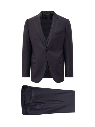 Emporio Armani Three Piece Suit In Blu Navy