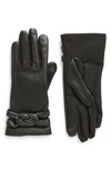 Cole Haan Braid Strap Mixed Media Leather Gloves In Black