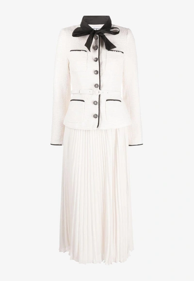Self-portrait Belted Crystal-embellished Bouclé And Pleated Crepe Midi Dress In Cream