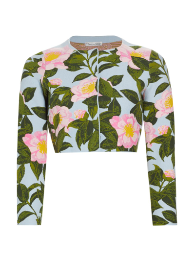 Oscar De La Renta Camellia Print Inset Cardigan In Pink/pale Blue