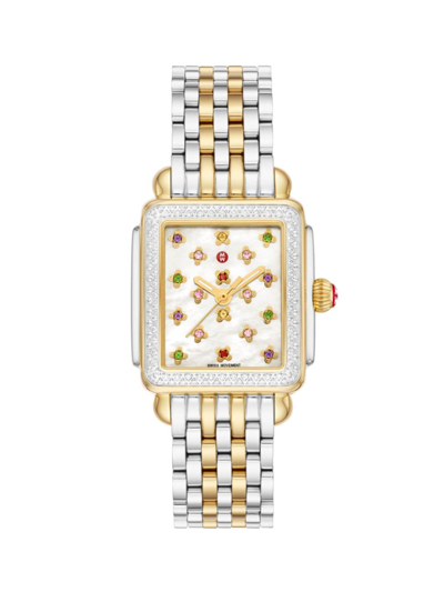Michele Deco Fleur Two-tone 18k Gold-plated Diamond Watch In White/two-tone