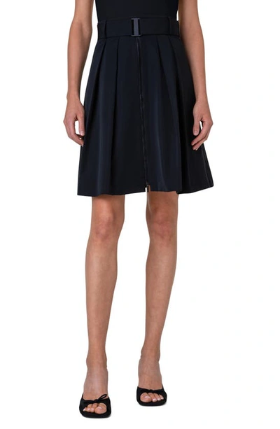 Akris Punto Pleated Taffeta Front-zip Skirt With Belt In Black