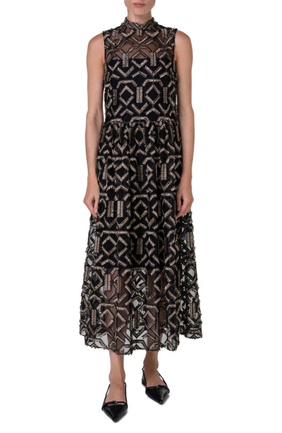 Akris Punto Gold Fringe Embroidered Tulle Midi Dress In Black-gold