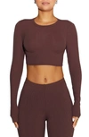 N By Naked Wardrobe Rib Crewneck Long Sleeve Crop Top In Brown