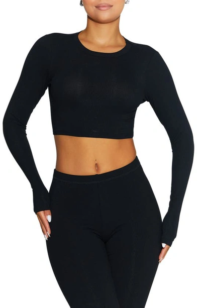 N By Naked Wardrobe Rib Crewneck Long Sleeve Crop Top In Black