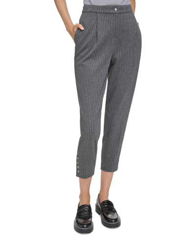 Calvin Klein Petite Pinstriped Mid Rise Ankle-length Pants In Black,cream