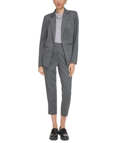 Calvin Klein Petite Pinstripe One Button Blazer Mid Rise Pinstripe Cropped Pants In Charcoal,tin