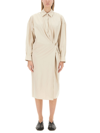 Lemaire Straight Collar Cotton & Silk Midi Dress In Beige